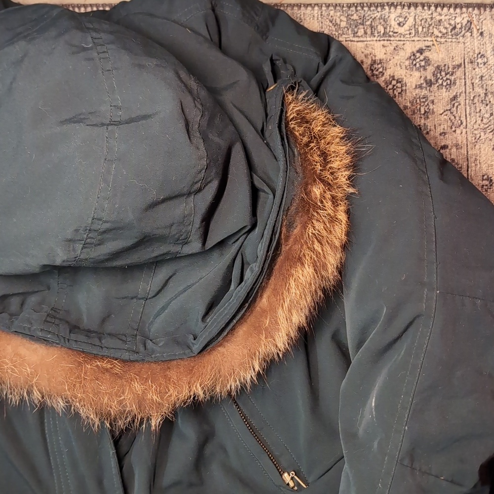 Vintage Quilted Down Racoon Fur Green Parka with Fur Trim